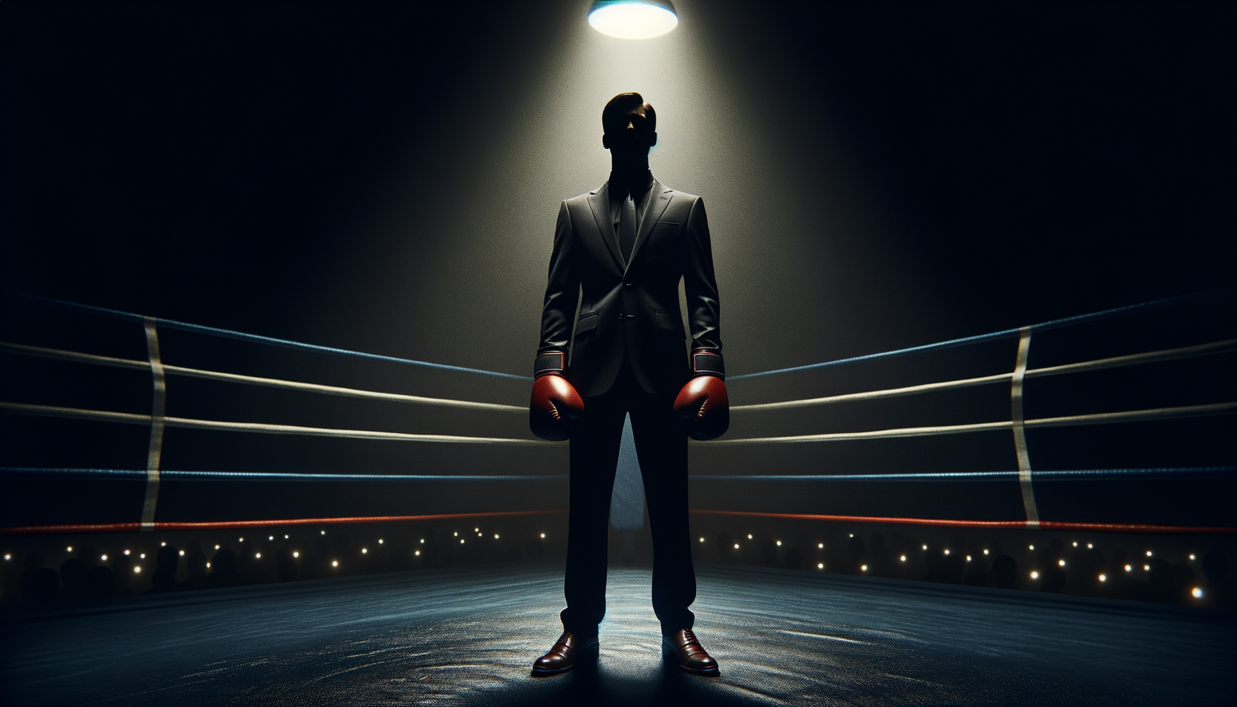A lone figure in a business suit with boxing gloves stands in a spotlight boxing ring