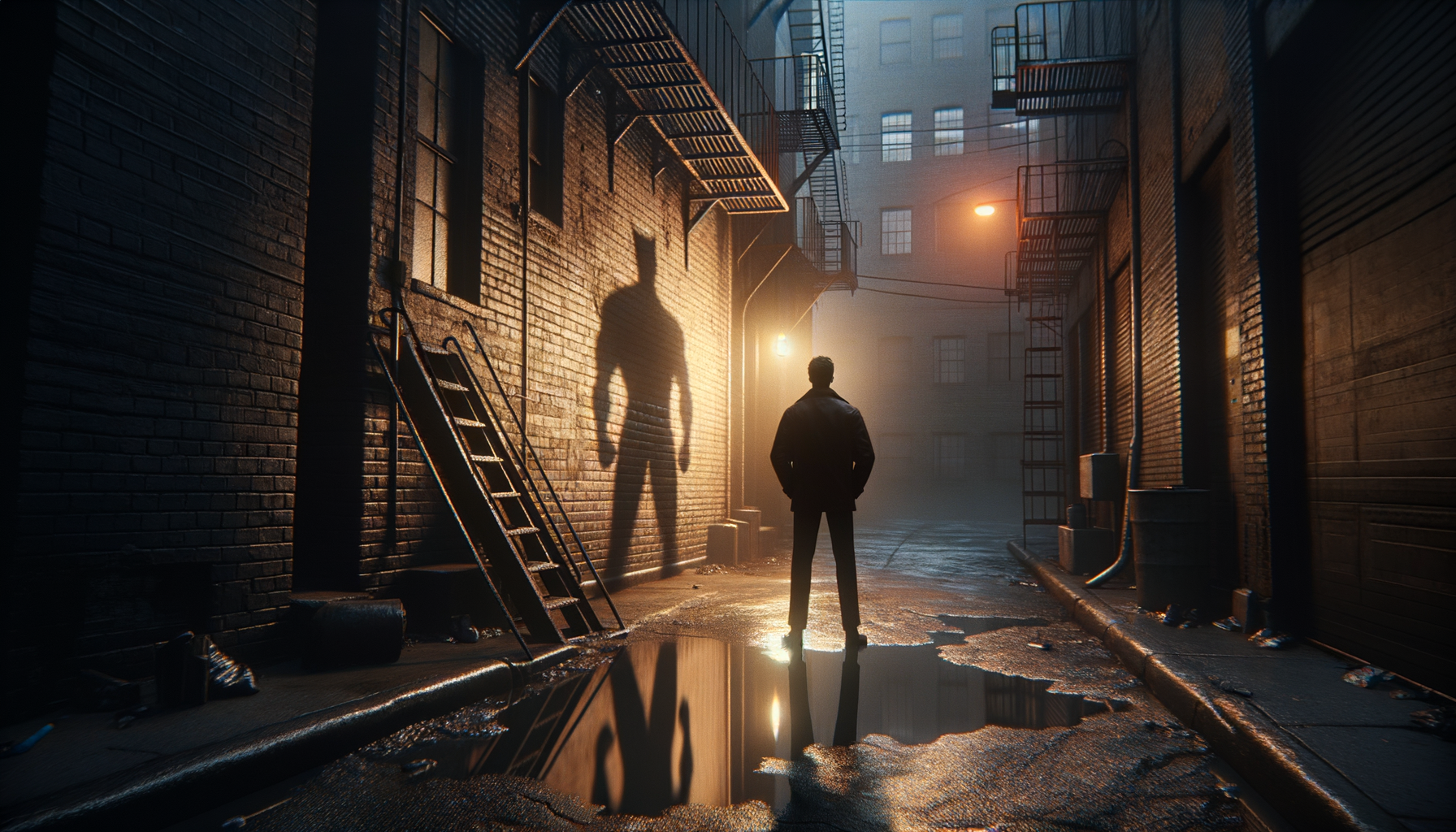 Gritty urban alley at dusk — a figure whose shadow is a superhero