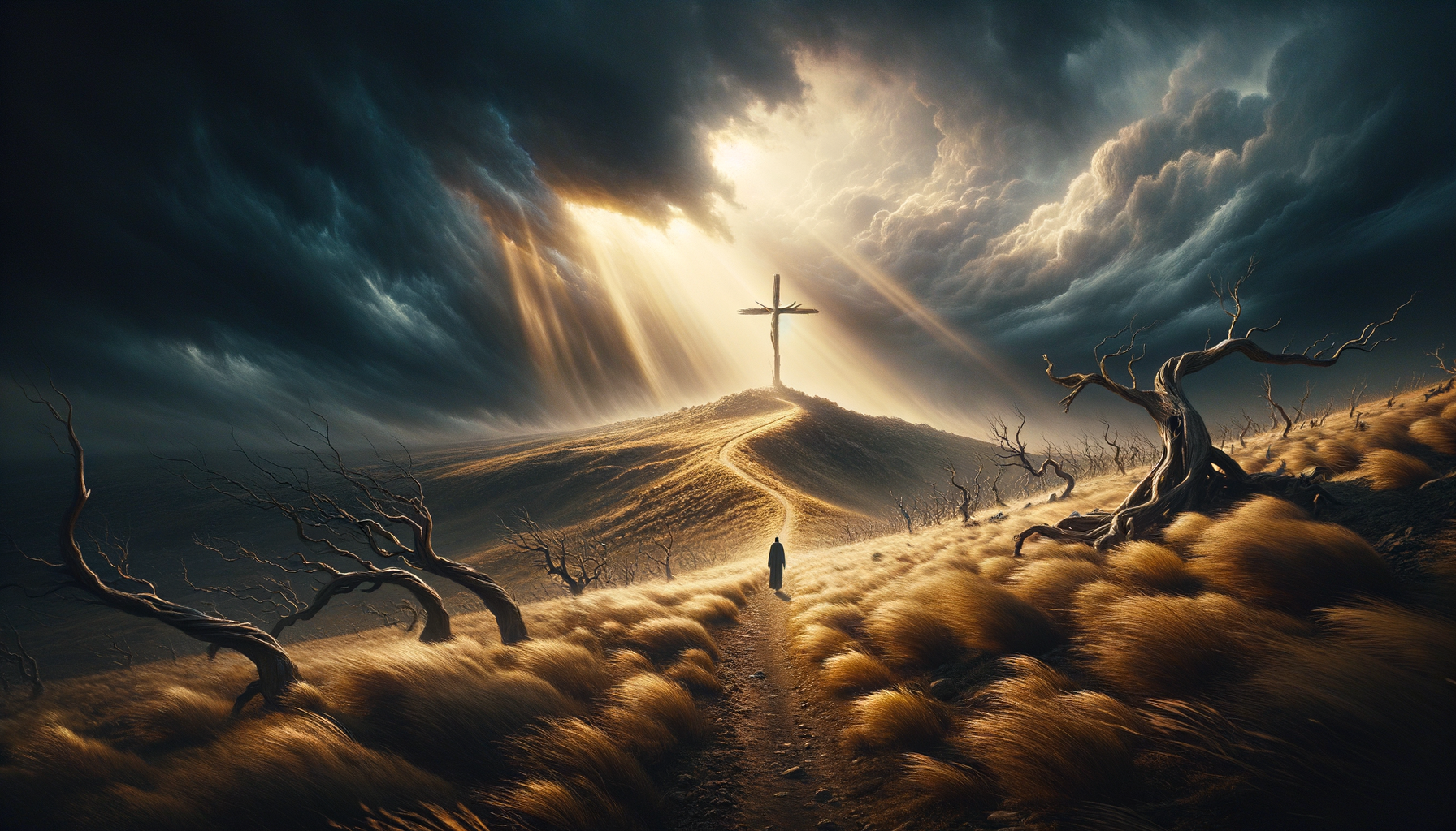 A lone figure walks a winding path toward a cross on a distant hilltop