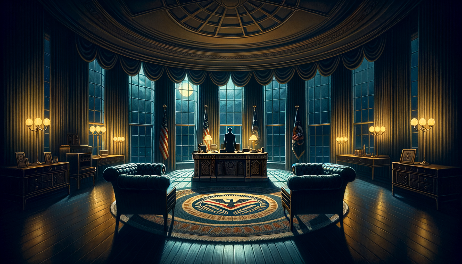 The Oval Office at night — a lone figure stands at the window bearing the weight of leadership